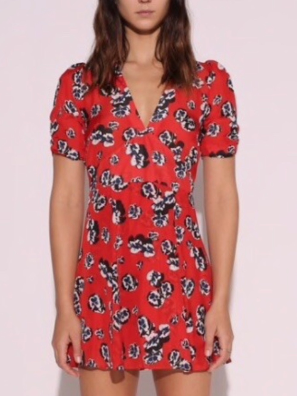 Realisation Par Mini Dress Ozzie Red Silk V-Neck Floral Flared- Size M